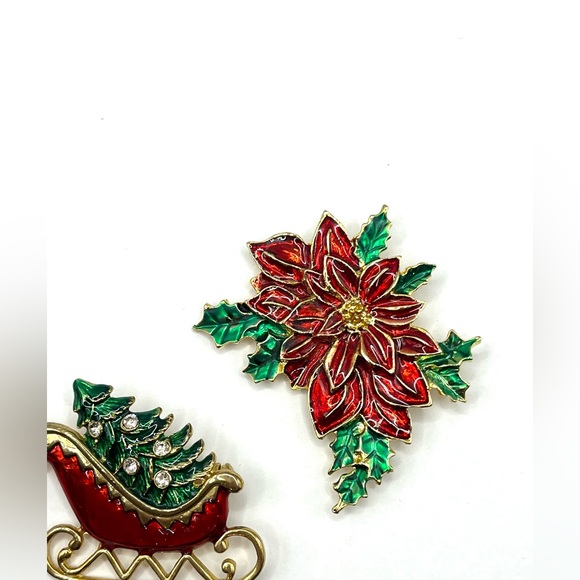 Festive Red and Green Poinsettias and Red Sled Christmas Tree Brooches - Picture 8 of 9